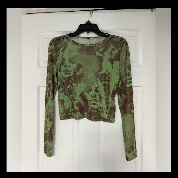 Tops - Green and Brown Sheer Long Sleeve Graphic Print Short Top